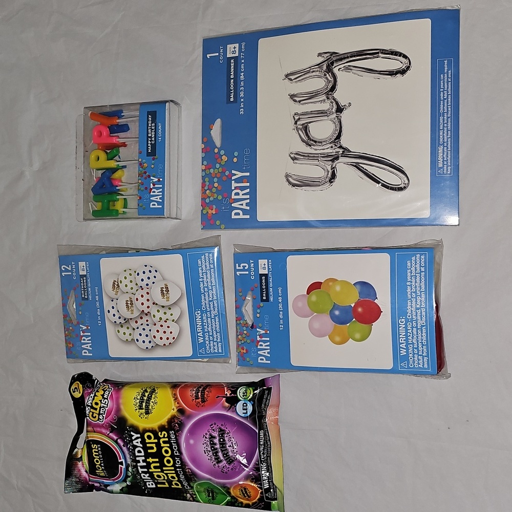 Party Supplies Candles, Balloons, Balloon Banner New